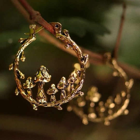 Gold Metal Mushroom Hoop Earrings - Picture 1 of 6